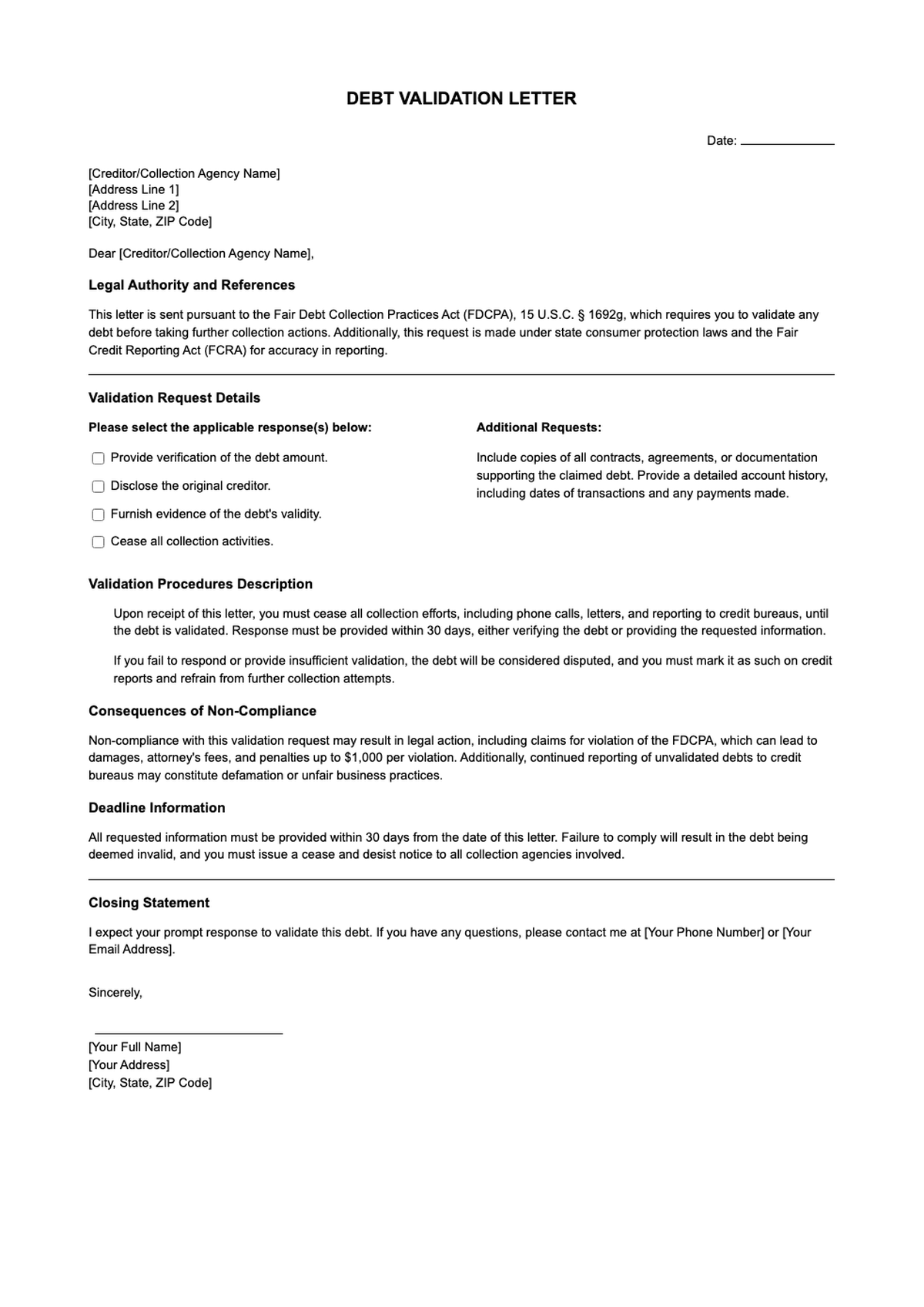 Debt validation letter template with legal notice and check boxes_variant_2